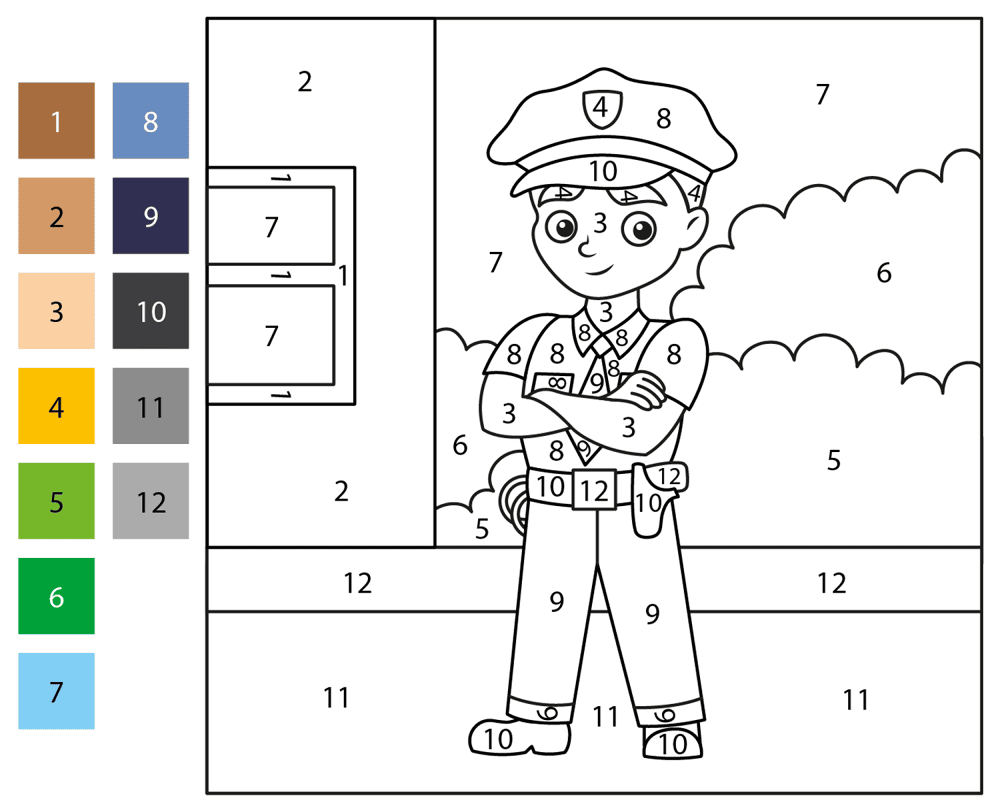 Police Officer Color By Number Coloring Page Md Coloring Page — Free Printable — free printable coloring page